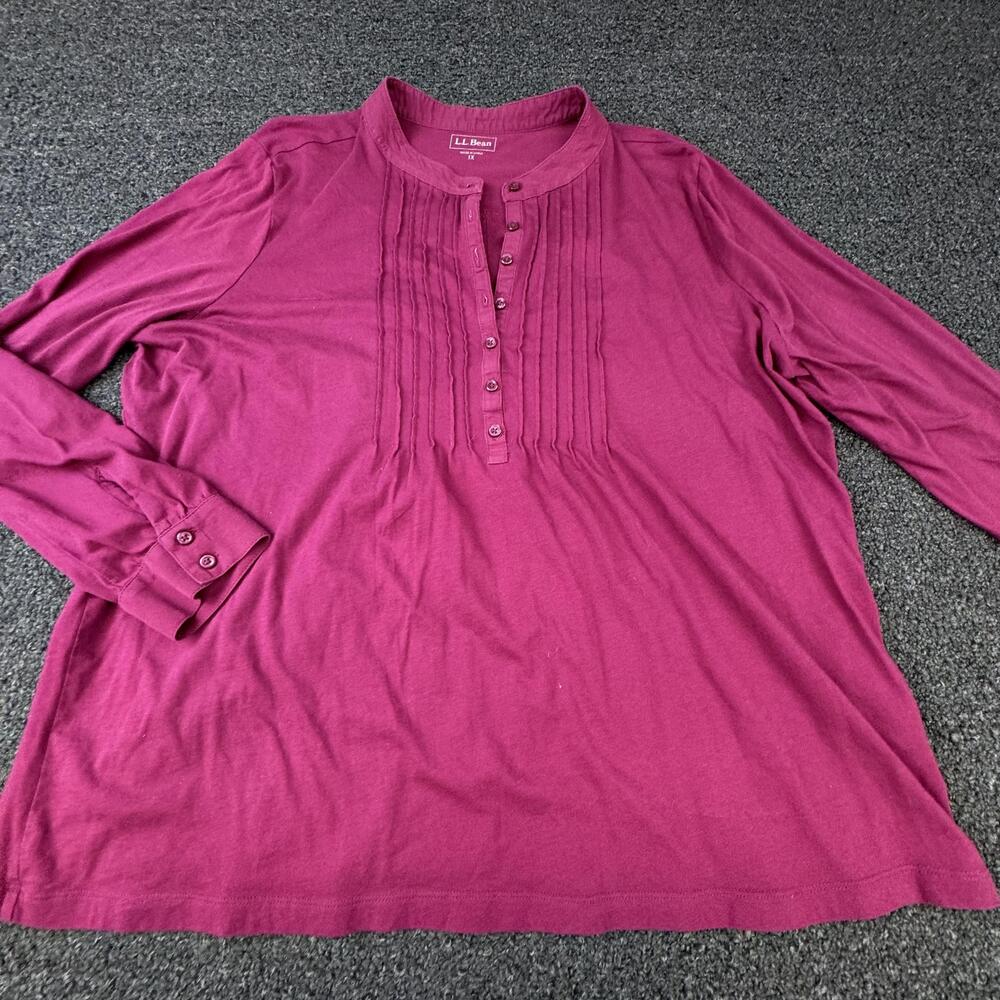 L.L.Bean Tunic Blouse Womens 1X Purple Henley Long Sleeve Button Pleated
